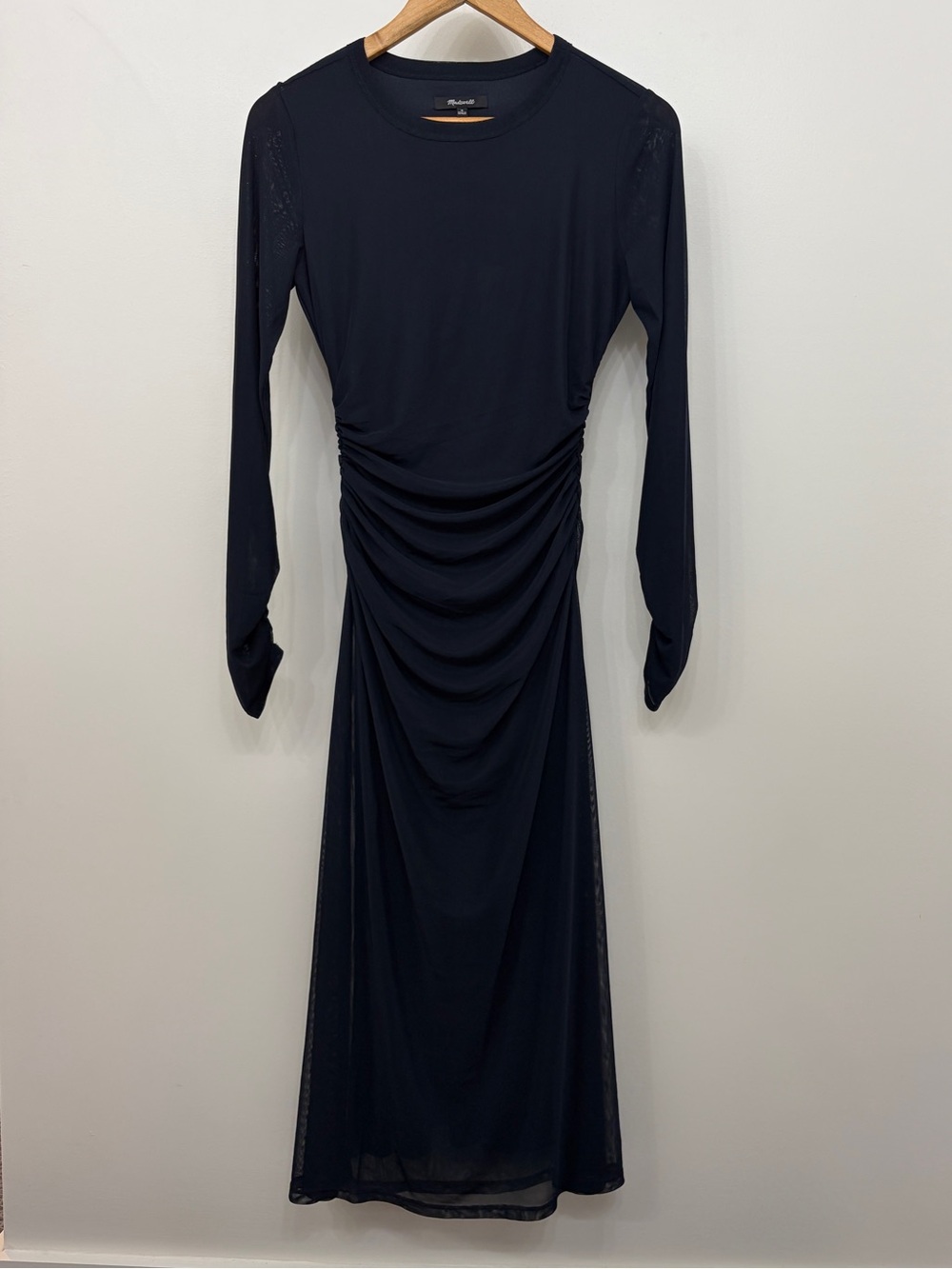 Madewell Navy Blue Long-Sleeve Ruched Midi Dress sheer mesh layers sz medium - Picture 6 of 12